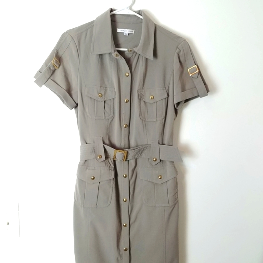 Sandra Darren Tan Safari Shirt Dress Belted Utility Dress